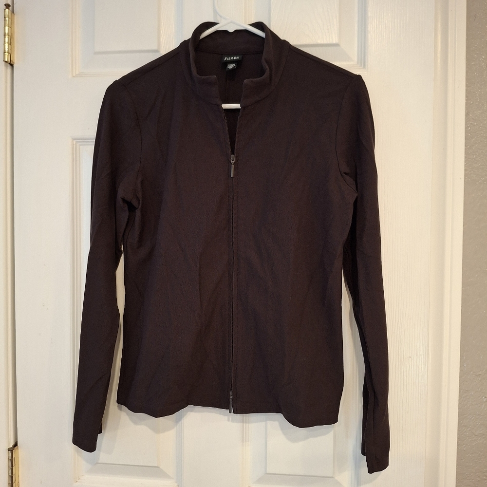 Eileen Fisher Womens Jacket Dark Brown Stretch Knit Full Double Zip Up Size XS